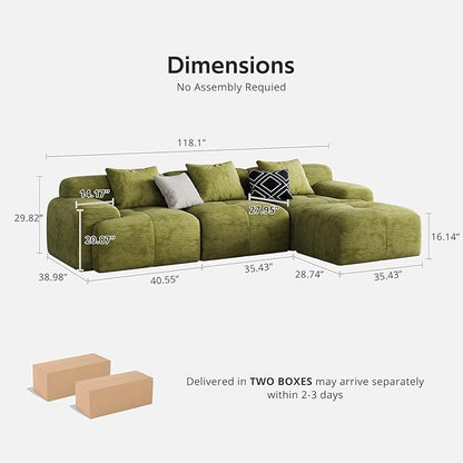 Modern L-Shaped Modular Sectional Sofa for Living Room，Oversized 3-Seater Couch with Deep Seat and Movable Ottoman – No Assembly,Comfortable Suede Fabric Boneless Sofa (Green)