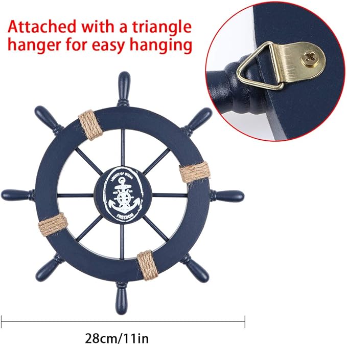 MDLUU Wooden Nautical Ship Steering Wheel, Small Ship Rudder and Anchor Wall Decor Set, 11" Navy Blue Helm Wheel Beach Theme Hanging Ornament