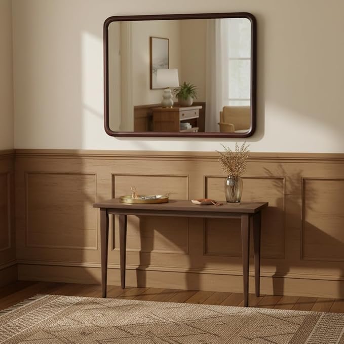 Bathroom Mirror for Wall,Wood Rectangle 30 x 40 inch Hanging Vatiny Tempered Dark Walnut Mirrors with Rounded Corner for Living Room,Bedroom,Entryway