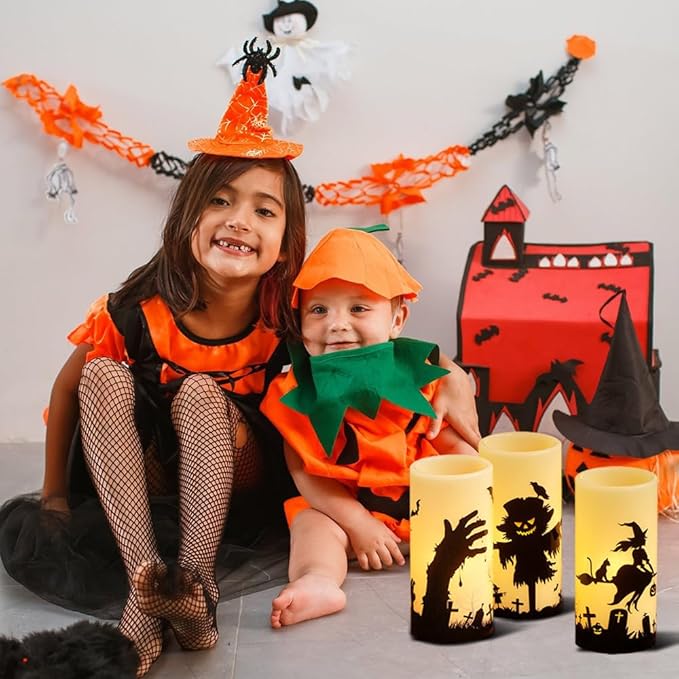 Halloween LED Flameless Pillar Candles Battery Operated Remote and Timer Real Wax Yellow Light Flickering Scarecrow Witch Ghost Hand Decals Halloween Candles Decoration Gifts(3 x 6 Inches)