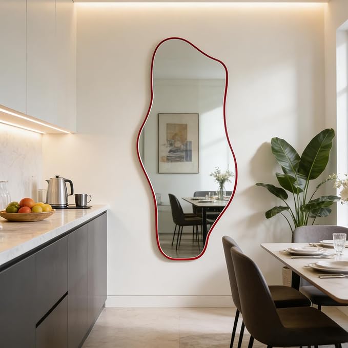 Irregular Mirror Full Length, 67"x31" Red Asymmetrical Tempered Glass Mirror, Large Organic Frameless Wall Mirrors for Living Room Bedroom Hallway Entryway, Horizontal or Vertical Hanging
