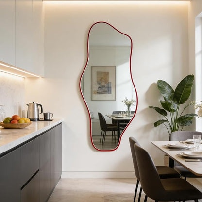 Irregular Mirror Full Length, 67"x31" Red Asymmetrical Tempered Glass Mirror, Large Organic Frameless Wall Mirrors for Living Room Bedroom Hallway Entryway, Horizontal or Vertical Hanging