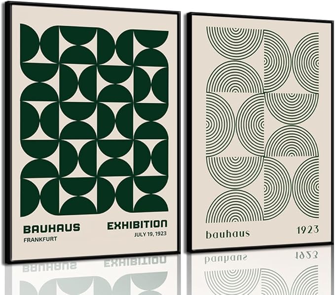 2Pcs Bauhaus Mid Century Modern Wall Art Retro Exhibition Posters Prints Green Boho Geometric Abstract Minimalist Wall Decor Pictures for Bedroom iving Room Dining Room UNFRAMED (Green, 16x24in)