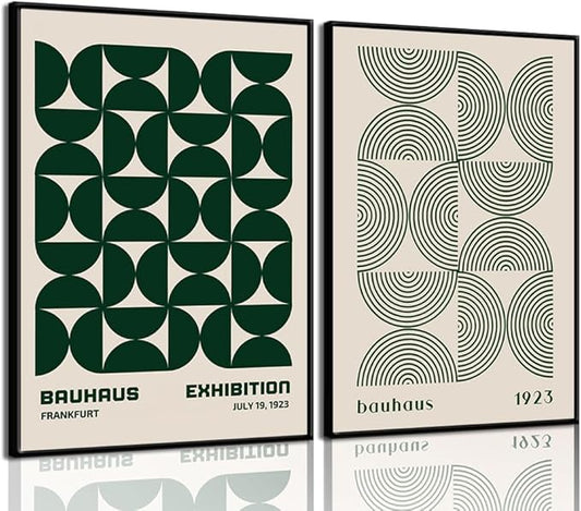 2Pcs Bauhaus Mid Century Modern Wall Art Retro Exhibition Posters Prints Green Boho Geometric Abstract Minimalist Wall Decor Pictures for Bedroom iving Room Dining Room UNFRAMED (Green, 16x24in)