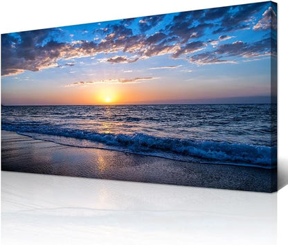 Wapluam Beach Wall Art Blue Sea Coastal Sunset Natural Scenery Picture Print On Canvas Ocean Seascape Canvas Print Artwork for Living Room Bedroom Kitchen Bathroom Home and Office Wall Decor 20" x 40"