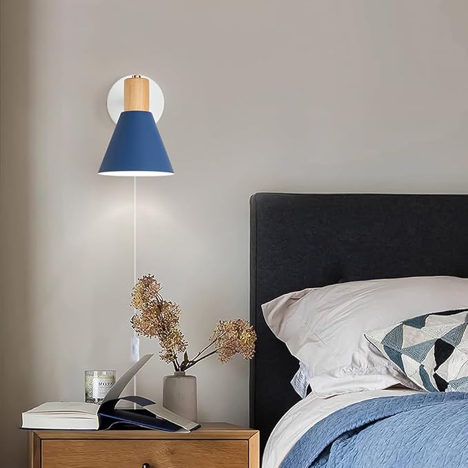 Plug in Wall Sconces Lighting Fixture Pack of 2, Wooden Adjustable Bedside Wall lamp for Industrial Bedroom, Living Room Bathroom Sink Lighting (2, Blue)