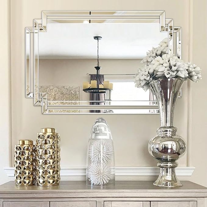 Modern Large Living Room Mirror with Mirrored Frame for Home Decor, 24" X 36" Decorative Wall Mirror with Glass Pieces and Beveled Edge for Dining Room, Bathroom, Entryway, Dressing Room