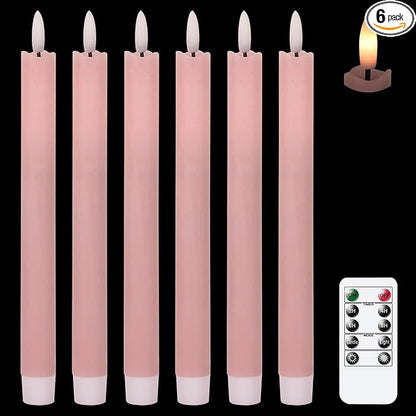 GenSwin Flameless Pink Taper Candles Flickering with 10-Key Remote, Battery Operated Led Warm 3D Wick Light Window Candles Real Wax Pack of 6, Christmas Home Wedding Decor(0.78 X 9.64 Inch)