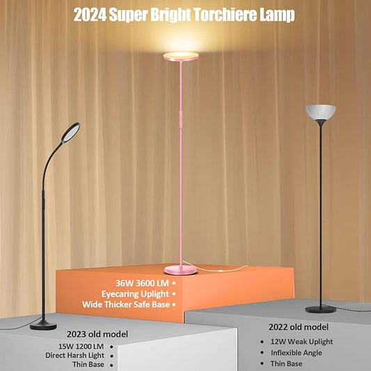 mukuxin Floor Lamp, Upgraded 40W 4000LM Super Bright Torchiere LED Floor Lamps for Living Room, Stepless Dimmable Color Temperature 2700K-6500K with Remote & Touch Control, Standing Light (40W Pink)