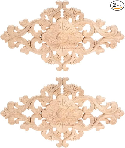 Wood Carved Appliques, 2Pcs Wooden Decorative Onlays, MUXSAM Unpainted Furniture Center Decals for Cabinet Dresser Bed Door Wall Wardrobe Ceiling Decoration Home DIY Project, 30x18cm/11.81"x7.09"
