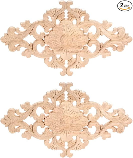 Wood Carved Appliques, 2Pcs Wooden Decorative Onlays, MUXSAM Unpainted Furniture Center Decals for Cabinet Dresser Bed Door Wall Wardrobe Ceiling Decoration Home DIY Project, 30x18cm/11.81"x7.09"