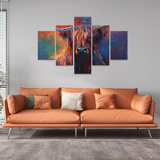 Highland Cow Canvas Wall Art Cow Pictures Modern Abstract Oil Painting on Canvas 5 Panels for Home Decor Living Room, Framed 60L x 40W