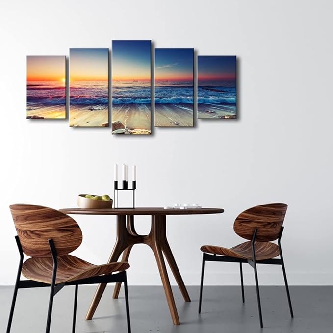Pyradecor Ocean Seascape Canvas Prints Wall Art Sea Beach Pictures Paintings for Living Room Bedroom Home Decorations 5 Piece Modern Stretched Ready to Hang Landscape Artwork