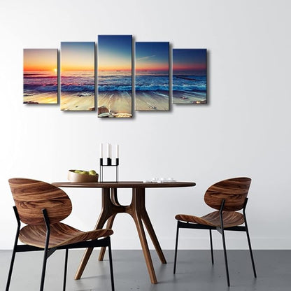 Pyradecor Ocean Seascape Canvas Prints Wall Art Sea Beach Pictures Paintings for Living Room Bedroom Home Decorations 5 Piece Modern Stretched Ready to Hang Landscape Artwork