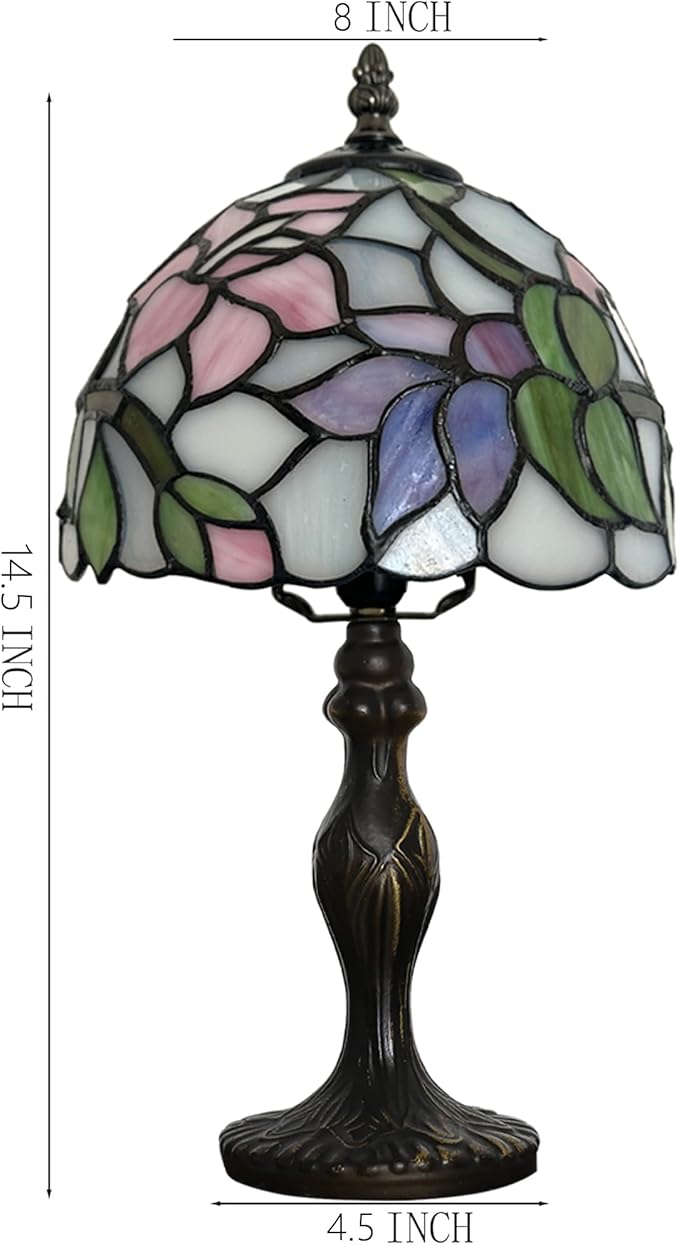 Tiffany Style Lamp Stained Glass Table Lamp 8 x 14.5” Pink Flower Design Mini Accent Lamp Small Decorative Bedside Memory Light