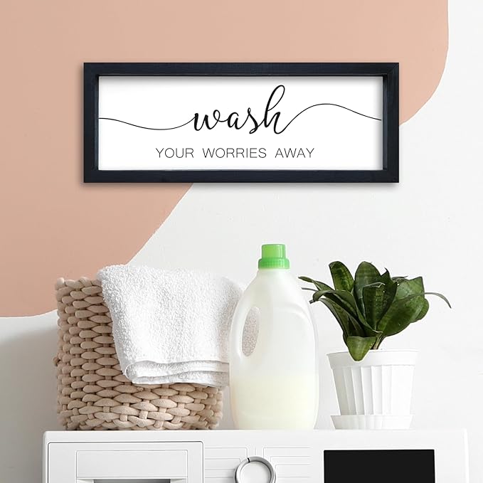 Wash Your Worries Away Sign Funny Laundry Room Wall Decor 16"×6" Rustic Bathroom Small Wooden Framed Wall Hanging Art (Black)