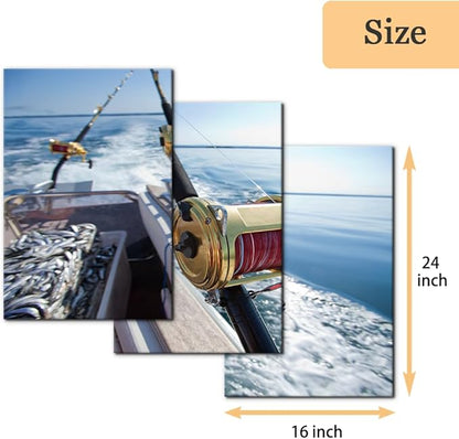 Pacimo 3 Pieces Canvas Wall Art Fishing Reels and Rods Pictures Prints Wall Decor for Living Room Angling Gallery-Wrapped Modern Artwork White Sea Wave Paintings Bedroom House Decor Framed - 16"x24"x3