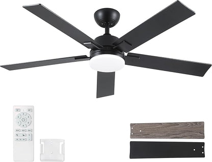 Rayqueen 52 Inch Ceiling Fans with Lights and Remote, 6 Speed Reversible DC Motor, 3CCT Dimmable LED, Black Modern Ceiling Fan for Bedroom, Living room & Covered Outdoor,Includes Downrod