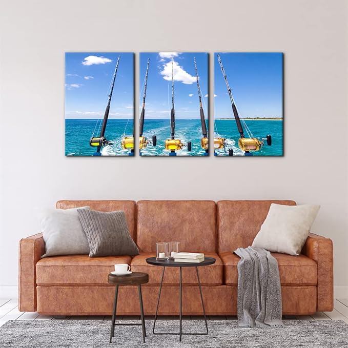 3 Pieces Canvas Wall Art Row of Five Fishing Rod and Reel Pictures Blue Seascape Wall Paintings for Living Room Bedroom Fishing Tackle Artwork HD Prints Modern Home Decor Framed - 16"x24"x3 Panel