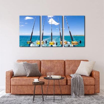 3 Pieces Canvas Wall Art Row of Five Fishing Rod and Reel Pictures Blue Seascape Wall Paintings for Living Room Bedroom Fishing Tackle Artwork HD Prints Modern Home Decor Framed - 16"x24"x3 Panel