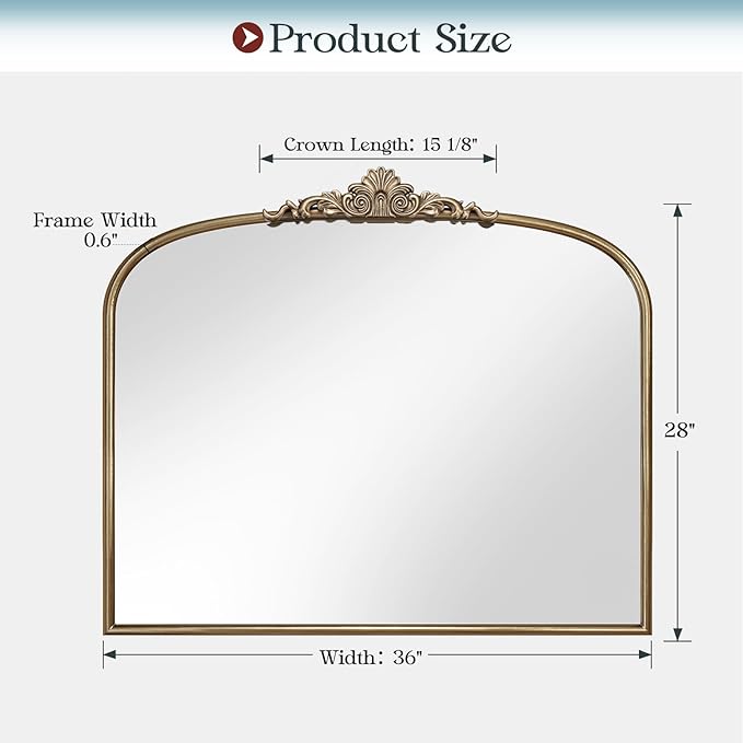 36" x 28" Antique Gold Arched Mirror for Wall, Vintage Brass Bathroom Mirror with Metal Frame, Bronze Ornate Gold Vanity Mirror for Entryway, Mantel, Powder Room