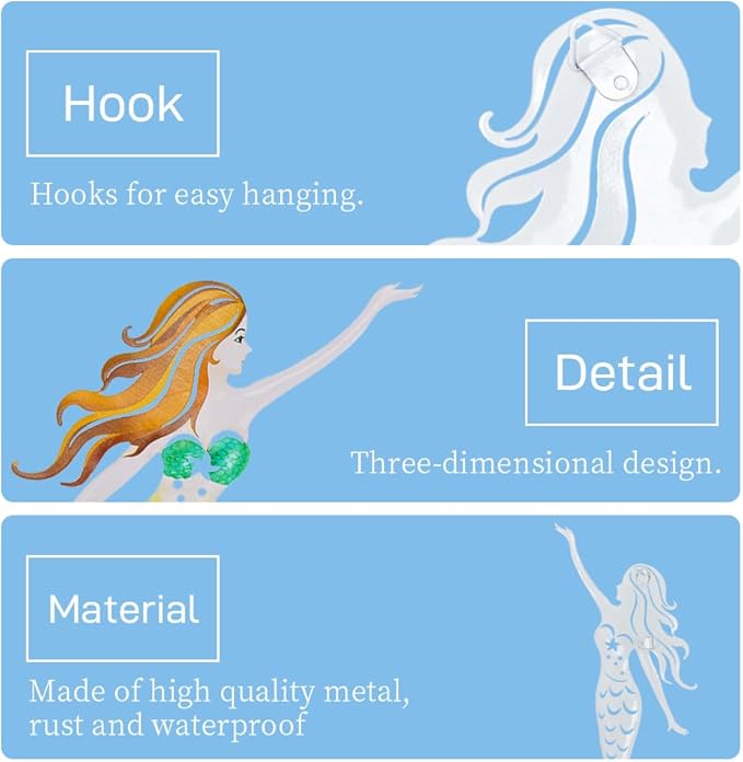 Metal Mermaid Wall Art, Ocean Indoor/Outdoor Art, Fish Wall Art for Bathroom, Kitchen, Garden & Pool (2 Pcs)