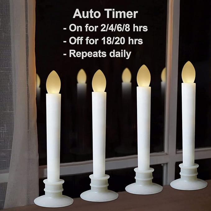 2 Pack Flameless Taper Candles with Remote/Timer, Battery Operated Flickering LED Window Candles, Vintage Christmas Electric Fake Candlesticks, White Holder