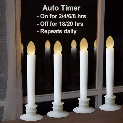 2 Pack Flameless Taper Candles with Remote/Timer, Battery Operated Flickering LED Window Candles, Vintage Christmas Electric Fake Candlesticks, White Holder