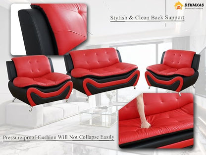 Living Room Furniture Sets, Black&Red Faux Leather Sofa Couches, 3PCS Living Room Sofa Sets, Loveseat and 2 Chairs for Bedroom, Rv Car, Office