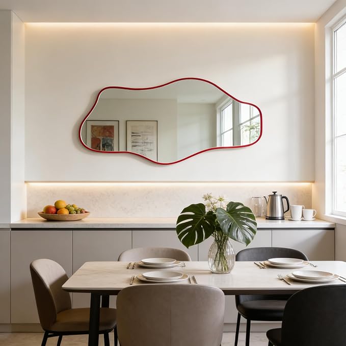 Large Irregular Mirror, 54.5"x24" Asymmetrical Tempered Glass Mirror, Red Modern Organic Shape Frameless Mirrors for Living Room Bedroom Hallway Entryway, Horizontal or Vertical Hanging