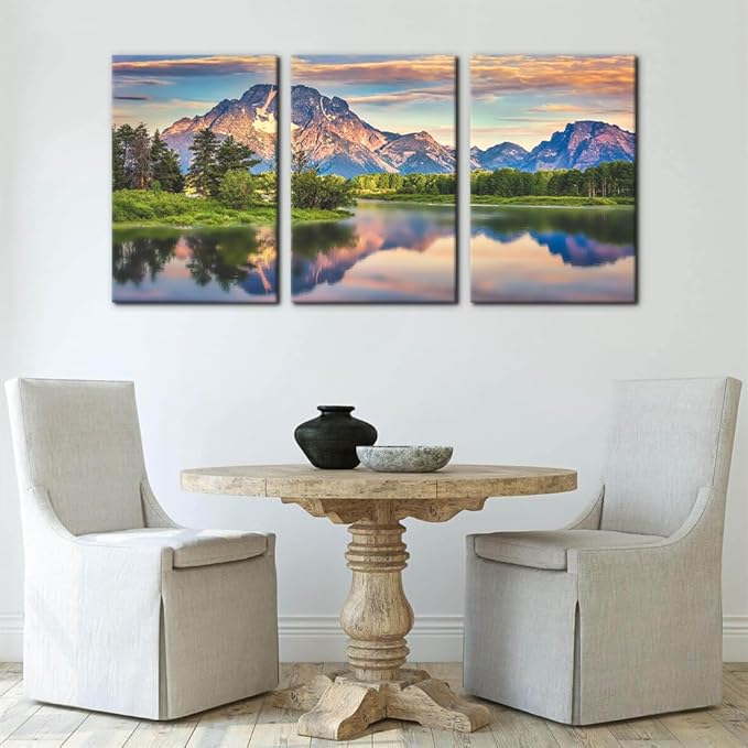 Pacimo Nature Canvas Wall Art Sunset Sunrise Mountain Pictures Grand Teton National Park Canvas Print River Forest Landscape Artwork for Living Room Bedroom Home Office Wall Decoration - 16"x24"x3
