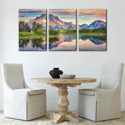 Pacimo Nature Canvas Wall Art Sunset Sunrise Mountain Pictures Grand Teton National Park Canvas Print River Forest Landscape Artwork for Living Room Bedroom Home Office Wall Decoration - 16"x24"x3