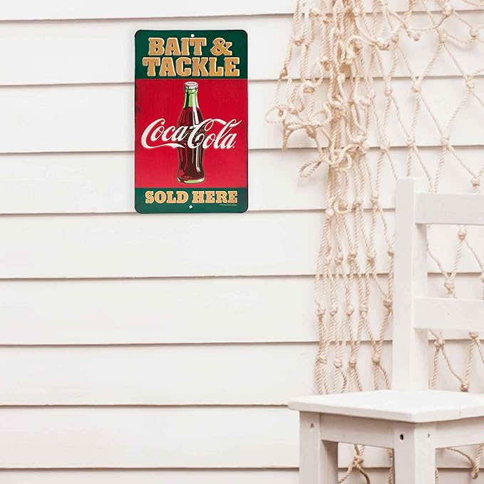 Coca-Cola Bait and Tackle Embossed Metal Sign - Vintage Coca-Cola Fishing Sign for Lake House, Cabin or Lodge