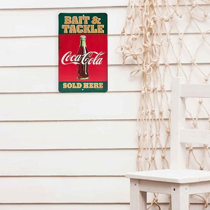 Coca-Cola Bait and Tackle Embossed Metal Sign - Vintage Coca-Cola Fishing Sign for Lake House, Cabin or Lodge
