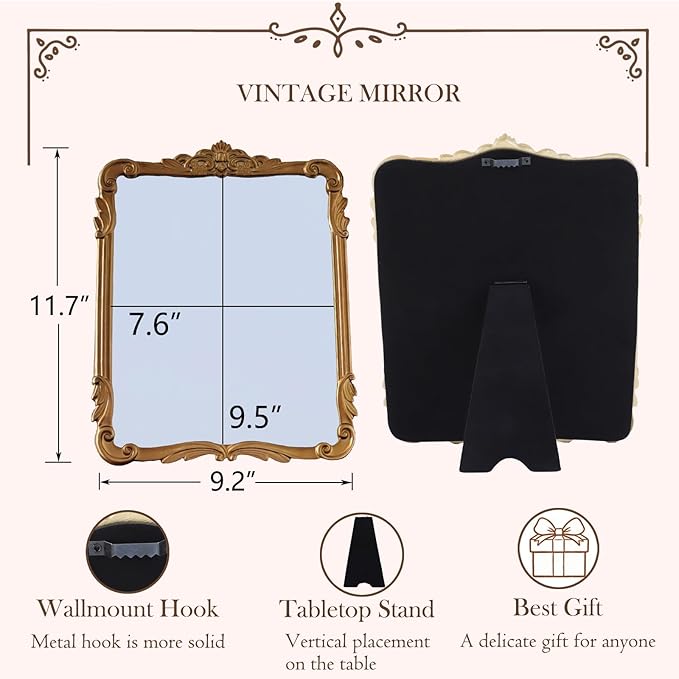 SIKOO 8x10 Inch Vintage Mirror Bronze Decorative Wall Mirror Makeup Mirror for Table Antique Home Decor Ornate Brass Arch Wall Art Resin and Premium Glass