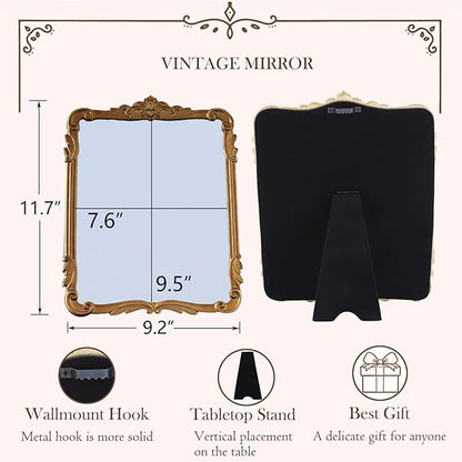 SIKOO 8x10 Inch Vintage Mirror Bronze Decorative Wall Mirror Makeup Mirror for Table Antique Home Decor Ornate Brass Arch Wall Art Resin and Premium Glass
