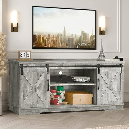 IDEALHOUSE Farmhouse TV Stand, Entertainment Center for 65 Inch TV Media Console Cabinet, White Barn Doors TV Stand with Storage and Shelves, Modern TV Console Table Furniture for Livingroom (Gray)
