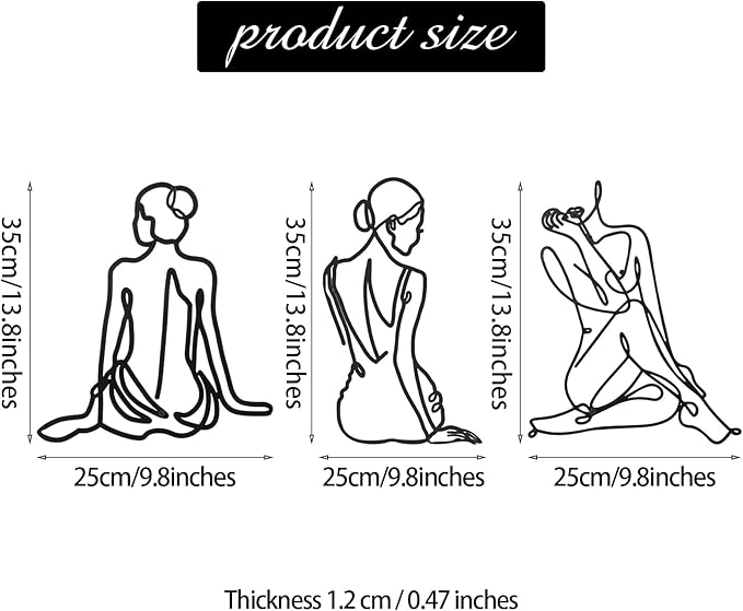 Photect 3 Pcs Metal Wall Art Decor Minimalist Abstract Woman Wall Art Metal Modern Line Drawing Decor Female Single Line Home Hanging for Bedroom Bathroom Living Room Housewarming(Vintage,Black)