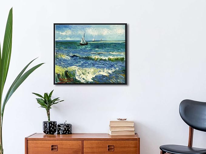 Wieco Art Black Framed Art Seascape at Saintes Maries by Vincent Van Gogh Oil Paintings Reproduction Modern Canvas Prints Sea Pictures on Canvas Wall Art for Living Room Home Deco