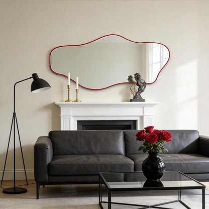 Large Irregular Mirror, 54.5"x24" Asymmetrical Tempered Glass Mirror, Red Modern Organic Shape Frameless Mirrors for Living Room Bedroom Hallway Entryway, Horizontal or Vertical Hanging