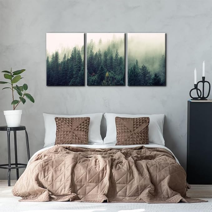 Pacimo Canvas Print Wall Art Set Aerial View of Pine Trees in Mist Nature Wilderness Photography Realism Rustic Scenic Modern Artwork Decor Stretch and Framed Ready to Hang - 20"x28"x3