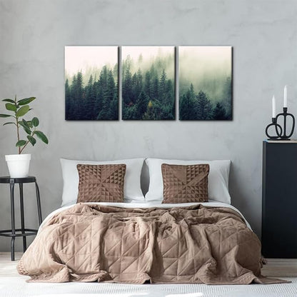 Pacimo Canvas Print Wall Art Set Aerial View of Pine Trees in Mist Nature Wilderness Photography Realism Rustic Scenic Modern Artwork Decor Stretch and Framed Ready to Hang - 20"x28"x3