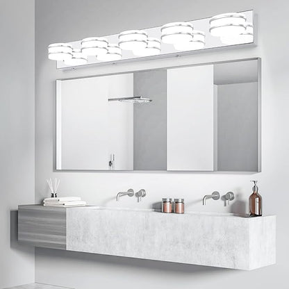 3 Color Temperature Dimmable Bathroom Light Fixtures over Mirror, LED Chrome 5 Light Vanity Lighting Fixtures, Acrylic Stainless Steel Square Shade Vanity Lights for Bathroom, ETL Certificated