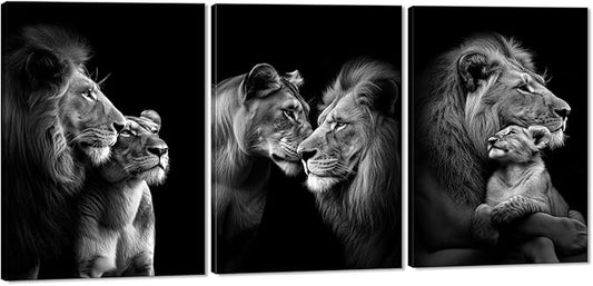 Black and White Lion Canvas Wall Art 3 Panels Posters Prints Art Modern Wild Animals Pictures Wall Decor Living Room Bedroom Office Decor, Framed 20 W x 28" H x 3pcs
