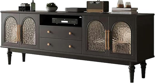 TV Stand TV-Console Table, Solid Wood TV Stands, 59×15.7×22.8in, Tempered Glass Door, Modern Entertainment Center, Tv Cabinet with Drawers, TV Table, for Living Room, Bedroom(Black B)
