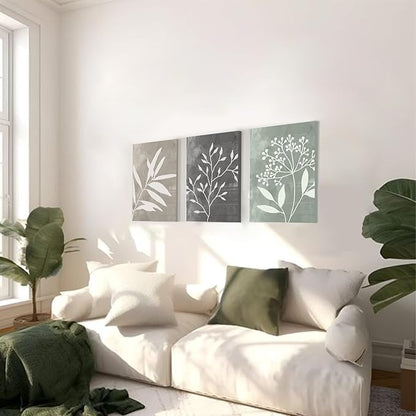Vintage Botanical Wall Art Set of 3 Prints,Boho Framed Canvas Wall Art,Minimalist Floral Art Boho Wall Decor Living Room,Sage Green Grey Beige Netural Plant Wall Paintings for Bedroom Bathroom Decor,12"x16"