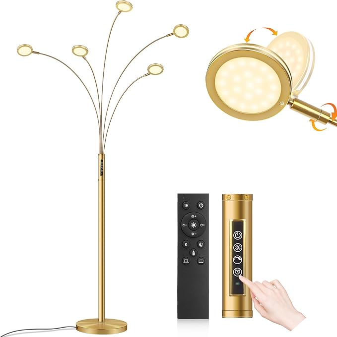 LED Arc Floor Lamp with Remote, 2250LM Dimmable Gold Floor Lamp with Timer, Adjustable Colors, Brightness & 5 Adjustable Arms, Multi-Head Tall Tree Standing Lamp for Living Room Bedroom Corner Office