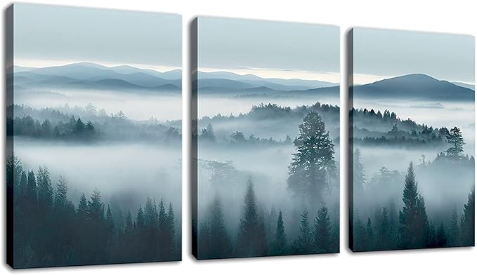 Foggy Forest Canvas Wall Art Indigo Misty Forest Pictures Blue Grey Abstract Mountain Trees Painting Artwork Nature Scene Canvas Art for Living Room Bedroom Home Office Wall Decor 12" x 16" x 3Piece