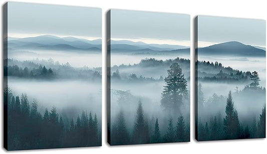 Foggy Forest Canvas Wall Art Indigo Misty Forest Pictures Blue Grey Abstract Mountain Trees Painting Artwork Nature Scene Canvas Art for Living Room Bedroom Home Office Wall Decor 12" x 16" x 3Piece