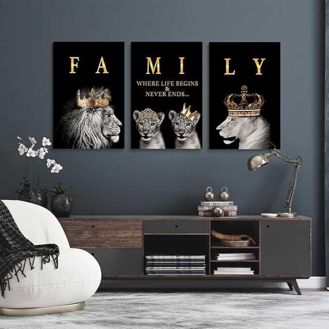 GUBIYU Family Wall Decor - Black Gold Motivational Prints Lions Art for Living & Dining Room - 16"x24"